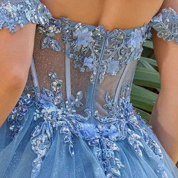 New Off The Shoulder A-Line Mesh Gown w/ Floral Applqiue & Layered Skirt GL3719 - Picture 12 of 14